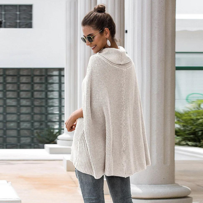 Women's Turtleneck Knit Poncho - Relaxed Cape-Style Sweater for Cool Days, Everyday Wear and Layering