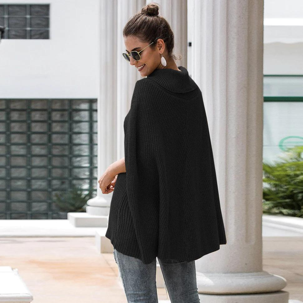 Women's Turtleneck Knit Poncho - Relaxed Cape-Style Sweater for Cool Days, Everyday Wear and Layering
