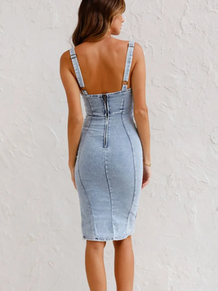 Rochie midi din denim pentru femei, cu top tip bustier și șliț lateral – Rochie elegantă pentru vară, vacanță, purtare zilnică și ocazii relaxate