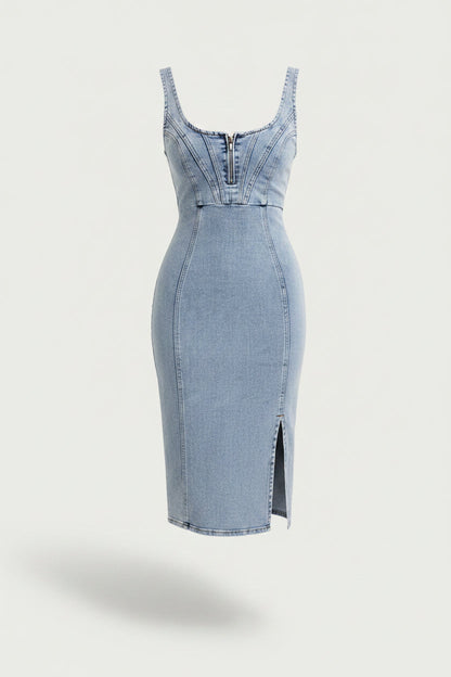 Rochie midi din denim pentru femei, cu top tip bustier și șliț lateral – Rochie elegantă pentru vară, vacanță, purtare zilnică și ocazii relaxate