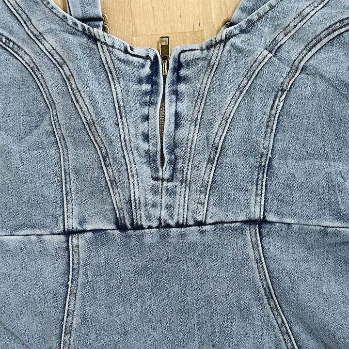 Rochie midi din denim pentru femei, cu top tip bustier și șliț lateral – Rochie elegantă pentru vară, vacanță, purtare zilnică și ocazii relaxate