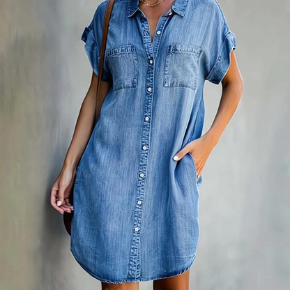 Rochie de blugi pentru femei, cu închidere cu nasturi în față – rochie-cămașă scurtă, cu design lejer, pentru purtare zilnică, vacanțe și ținute casual