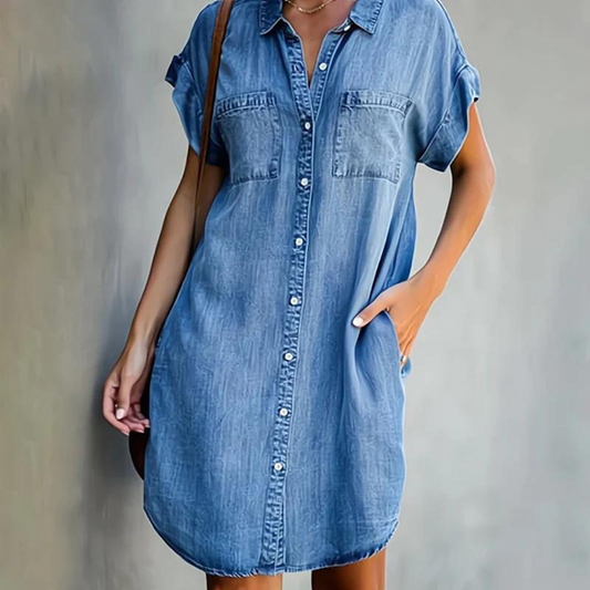 Dame Denimkjole Med Knaplukning Foran – Kort Skjortekjole Med Afslappet Design Til Hverdagsbrug, Ferie Og Casual Outfits