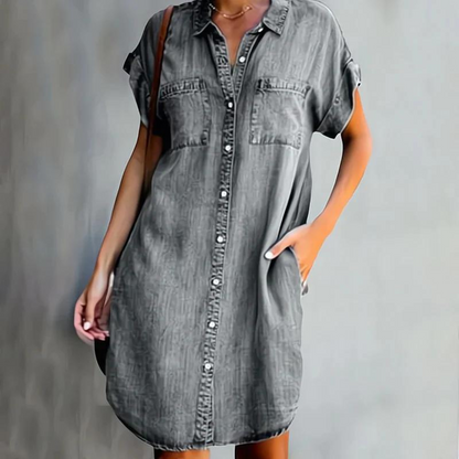 Rochie de blugi pentru femei, cu închidere cu nasturi în față – rochie-cămașă scurtă, cu design lejer, pentru purtare zilnică, vacanțe și ținute casual