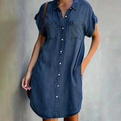 Rochie de blugi pentru femei, cu închidere cu nasturi în față – rochie-cămașă scurtă, cu design lejer, pentru purtare zilnică, vacanțe și ținute casual