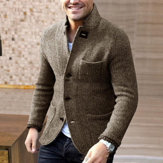 Men's Textured Cardigan with Buttons and Stand Collar