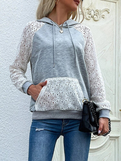 Dame Hættetrøje Med Blondemønstrede Ærmer Og Snøre – Afslappet Pullover Med Hæklede Detaljer Til Hverdagsbrug Og Fritid