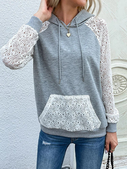 Dame Hættetrøje Med Blondemønstrede Ærmer Og Snøre – Afslappet Pullover Med Hæklede Detaljer Til Hverdagsbrug Og Fritid