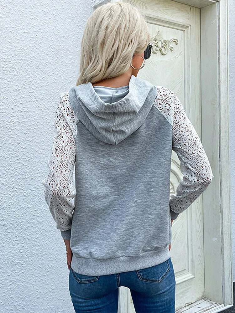 Dame Hættetrøje Med Blondemønstrede Ærmer Og Snøre – Afslappet Pullover Med Hæklede Detaljer Til Hverdagsbrug Og Fritid