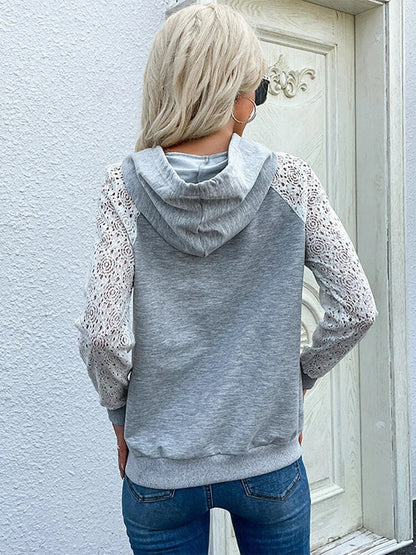 Dame Hættetrøje Med Blondemønstrede Ærmer Og Snøre – Afslappet Pullover Med Hæklede Detaljer Til Hverdagsbrug Og Fritid
