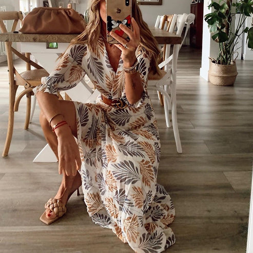 Rochie maxi de damă cu imprimeu, închidere cu nasturi și cordon în talie – rochie elegantă de vară pentru vacanțe, purtare zilnică și ocazii relaxate