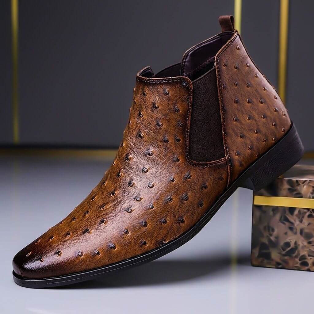 Herre Chelsea-støvler I Præget Læder Med Tekstureret Design – Klassiske Slip-on Ankelstøvler Til Formelle Anledninger, Kontor Og Smart Casual Stil