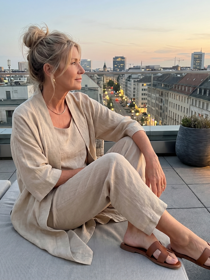 Dame Tredelt Buksesæt i Hør – Åndbart Langt Co-Ord Sæt til Sommerrejser