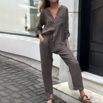 Conjunto casual de 2 piezas para mujer de algodón y lino con camisa sin cuello y cierre de botones - conjunto informal con pantalones tapered para el día a día, el tiempo libre y los días de verano