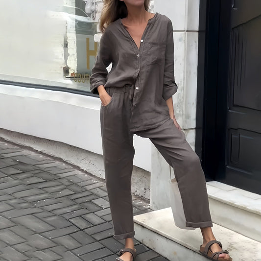 Set casual pentru femei, format din 2 piese, din bumbac și in, cu cămașă fără guler și închidere cu nasturi – Set lejer cu pantaloni conici pentru purtare zilnică, timp liber și zile de vară