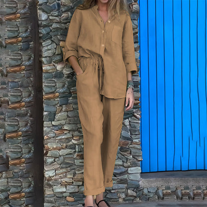 Conjunto casual de 2 piezas para mujer de algodón y lino con camisa sin cuello y cierre de botones - conjunto informal con pantalones tapered para el día a día, el tiempo libre y los días de verano