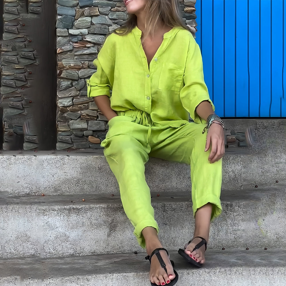 Conjunto casual de 2 piezas para mujer de algodón y lino con camisa sin cuello y cierre de botones - conjunto informal con pantalones tapered para el día a día, el tiempo libre y los días de verano