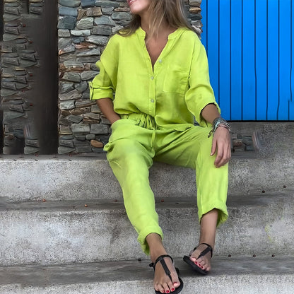 Conjunto casual de 2 piezas para mujer de algodón y lino con camisa sin cuello y cierre de botones - conjunto informal con pantalones tapered para el día a día, el tiempo libre y los días de verano