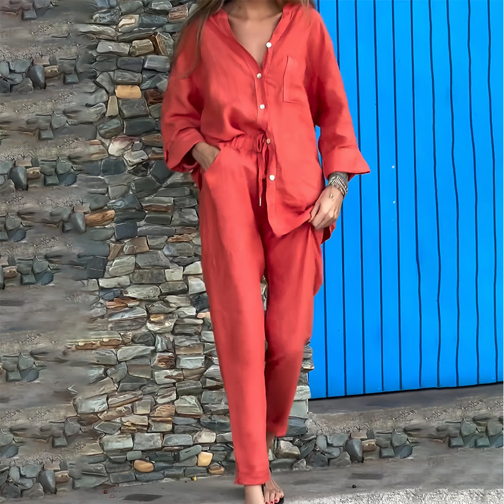 Conjunto casual de 2 piezas para mujer de algodón y lino con camisa sin cuello y cierre de botones - conjunto informal con pantalones tapered para el día a día, el tiempo libre y los días de verano