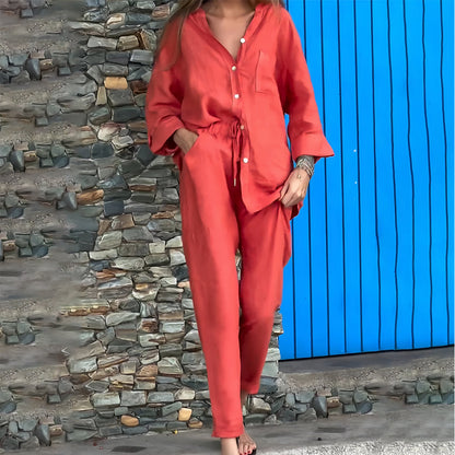 Conjunto casual de 2 piezas para mujer de algodón y lino con camisa sin cuello y cierre de botones - conjunto informal con pantalones tapered para el día a día, el tiempo libre y los días de verano