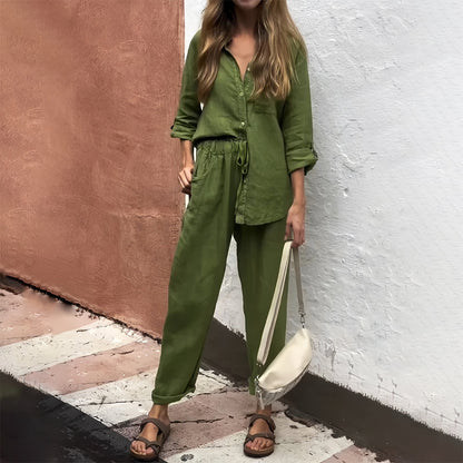 Conjunto casual de 2 piezas para mujer de algodón y lino con camisa sin cuello y cierre de botones - conjunto informal con pantalones tapered para el día a día, el tiempo libre y los días de verano