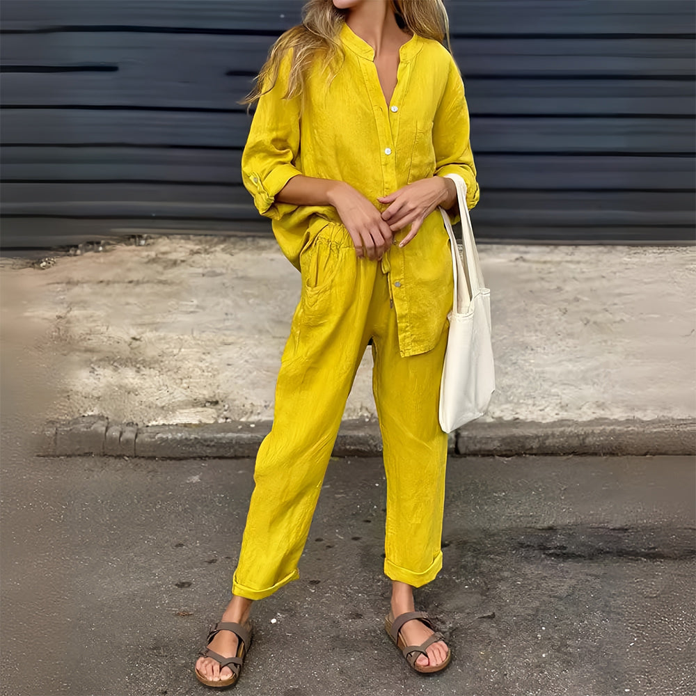 Conjunto casual de 2 piezas para mujer de algodón y lino con camisa sin cuello y cierre de botones - conjunto informal con pantalones tapered para el día a día, el tiempo libre y los días de verano