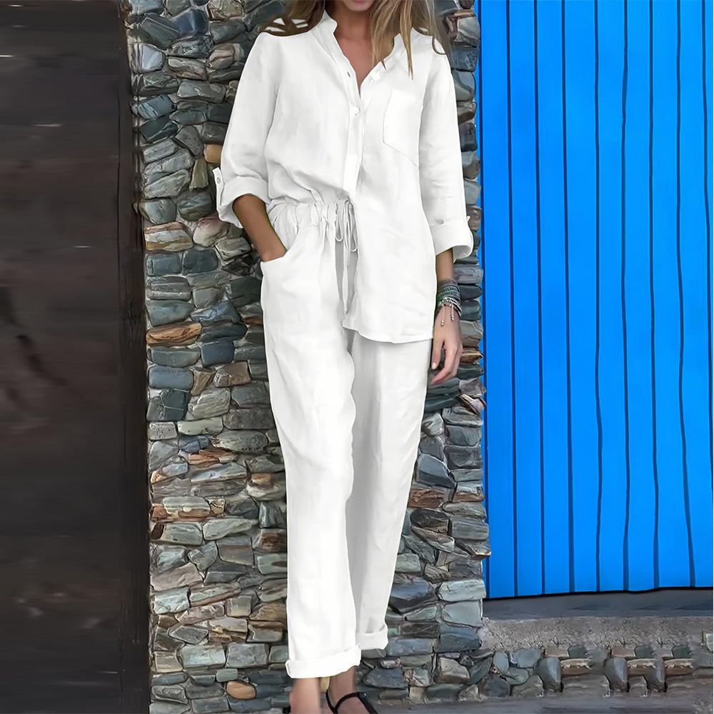 Conjunto casual de 2 piezas para mujer de algodón y lino con camisa sin cuello y cierre de botones - conjunto informal con pantalones tapered para el día a día, el tiempo libre y los días de verano