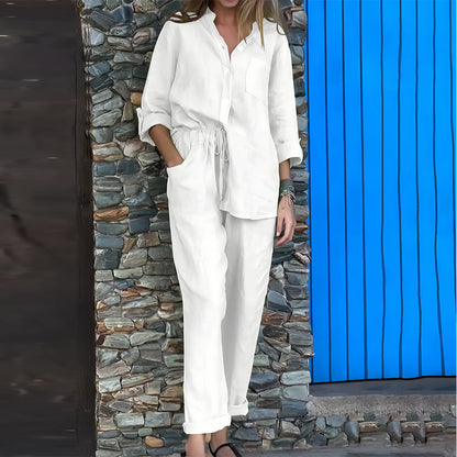 Conjunto casual de 2 piezas para mujer de algodón y lino con camisa sin cuello y cierre de botones - conjunto informal con pantalones tapered para el día a día, el tiempo libre y los días de verano
