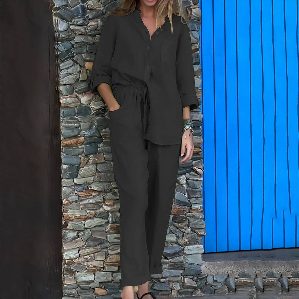 Conjunto casual de 2 piezas para mujer de algodón y lino con camisa sin cuello y cierre de botones - conjunto informal con pantalones tapered para el día a día, el tiempo libre y los días de verano