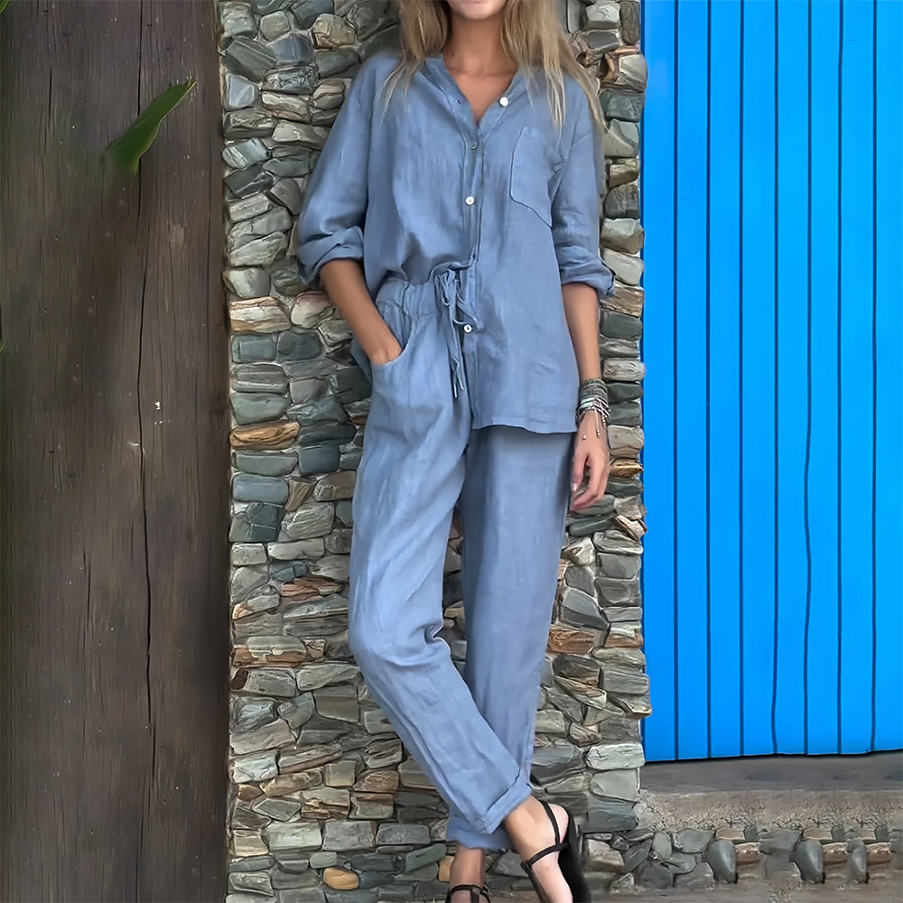 Conjunto casual de 2 piezas para mujer de algodón y lino con camisa sin cuello y cierre de botones - conjunto informal con pantalones tapered para el día a día, el tiempo libre y los días de verano