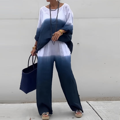 Dame 2-delt Sæt I Bomuld Og Hør Med Gradient – T-shirt Og Bukser Til Sommer, Ferie, Hverdagsbrug Og Afslappede Outfits
