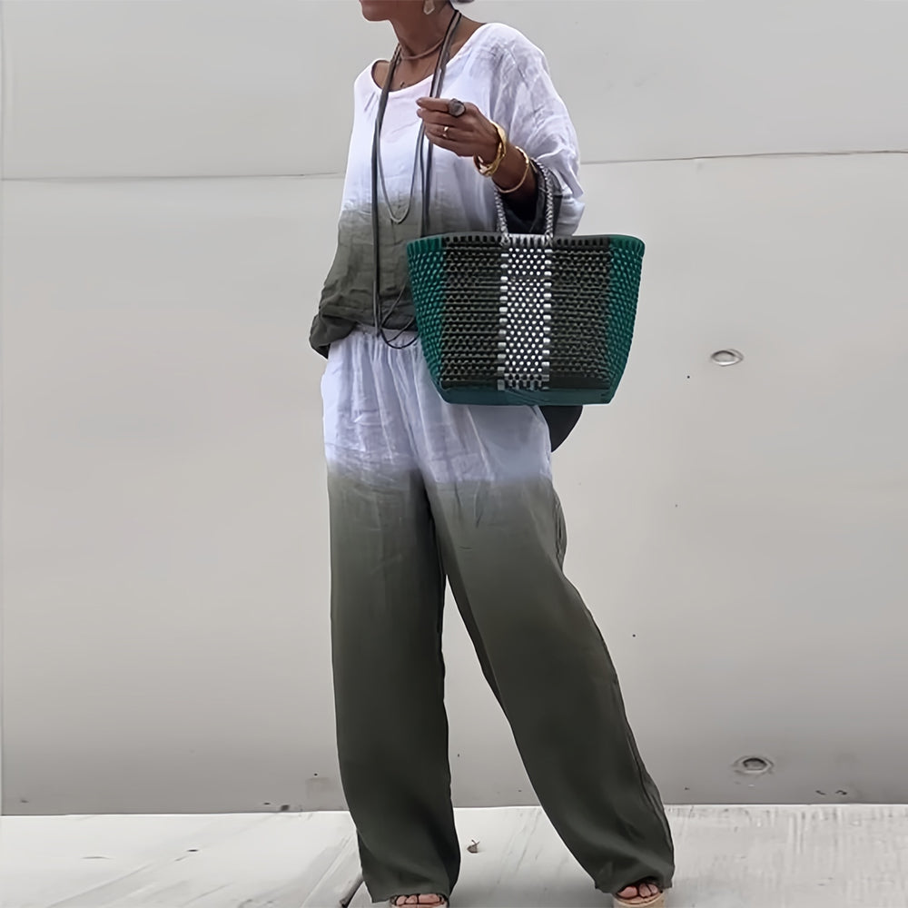 Dame 2-delt Sæt I Bomuld Og Hør Med Gradient – T-shirt Og Bukser Til Sommer, Ferie, Hverdagsbrug Og Afslappede Outfits