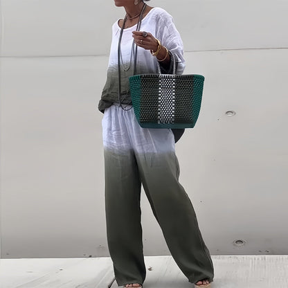 Dame 2-delt Sæt I Bomuld Og Hør Med Gradient – T-shirt Og Bukser Til Sommer, Ferie, Hverdagsbrug Og Afslappede Outfits