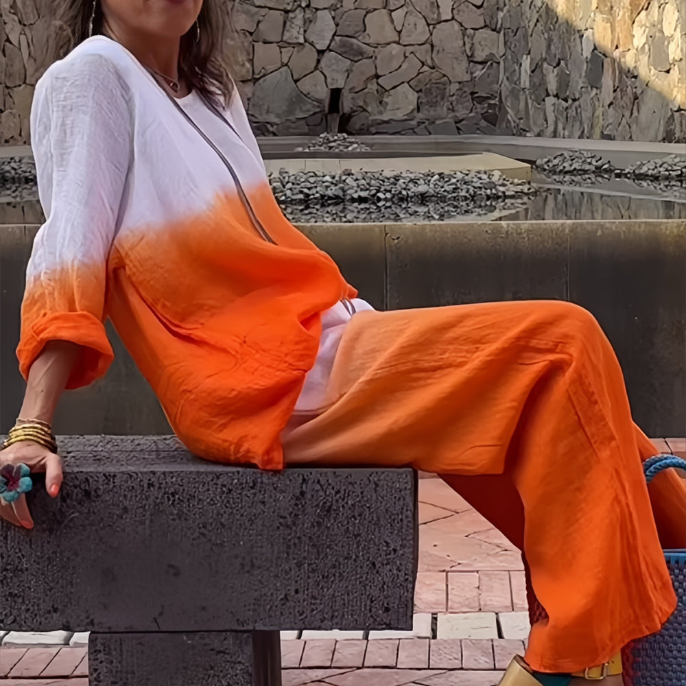 Dame 2-delt Sæt I Bomuld Og Hør Med Gradient – T-shirt Og Bukser Til Sommer, Ferie, Hverdagsbrug Og Afslappede Outfits