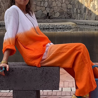 Dame 2-delt Sæt I Bomuld Og Hør Med Gradient – T-shirt Og Bukser Til Sommer, Ferie, Hverdagsbrug Og Afslappede Outfits