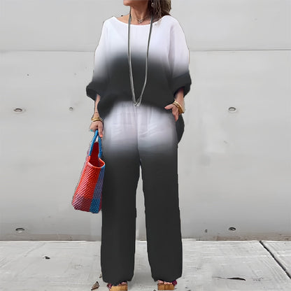 Dame 2-delt Sæt I Bomuld Og Hør Med Gradient – T-shirt Og Bukser Til Sommer, Ferie, Hverdagsbrug Og Afslappede Outfits