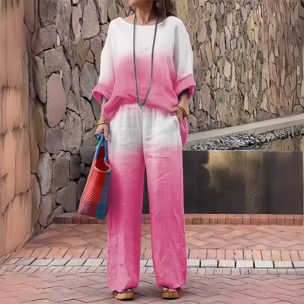 Dame 2-delt Sæt I Bomuld Og Hør Med Gradient – T-shirt Og Bukser Til Sommer, Ferie, Hverdagsbrug Og Afslappede Outfits
