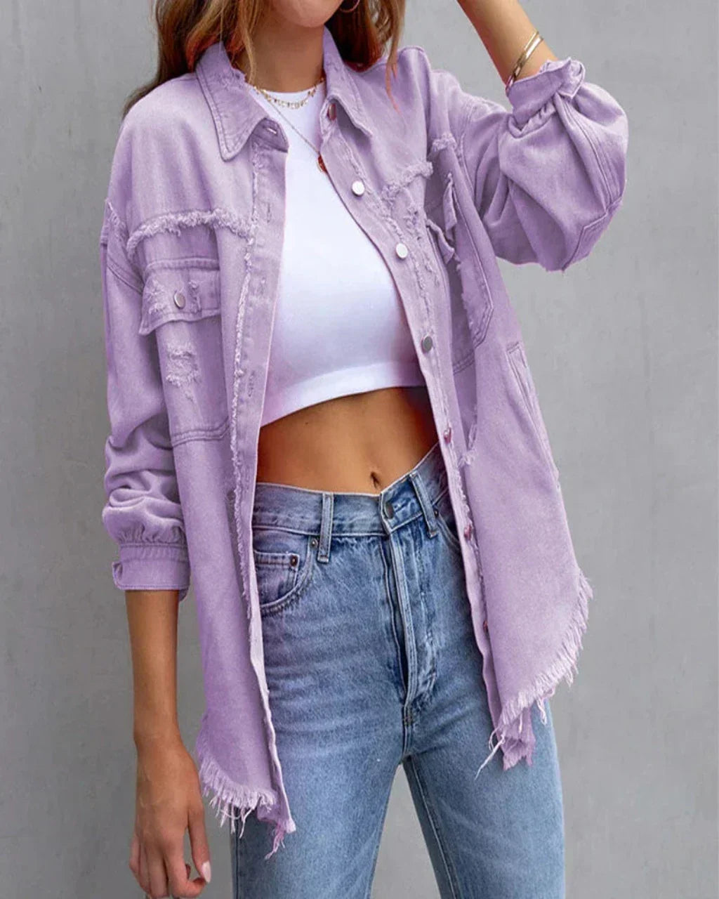 Chaqueta vaquera extragrande desgastada para mujer, con bordes sin rematar, cierre de botones y bolsillos utilitarios en el pecho - Chaqueta relajada para uso diario, ocio y estilo urbano