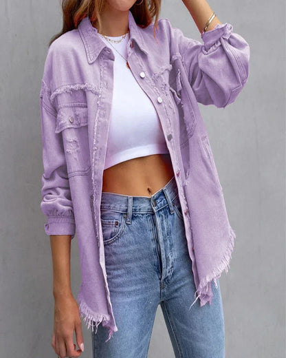 Chaqueta vaquera extragrande desgastada para mujer, con bordes sin rematar, cierre de botones y bolsillos utilitarios en el pecho - Chaqueta relajada para uso diario, ocio y estilo urbano