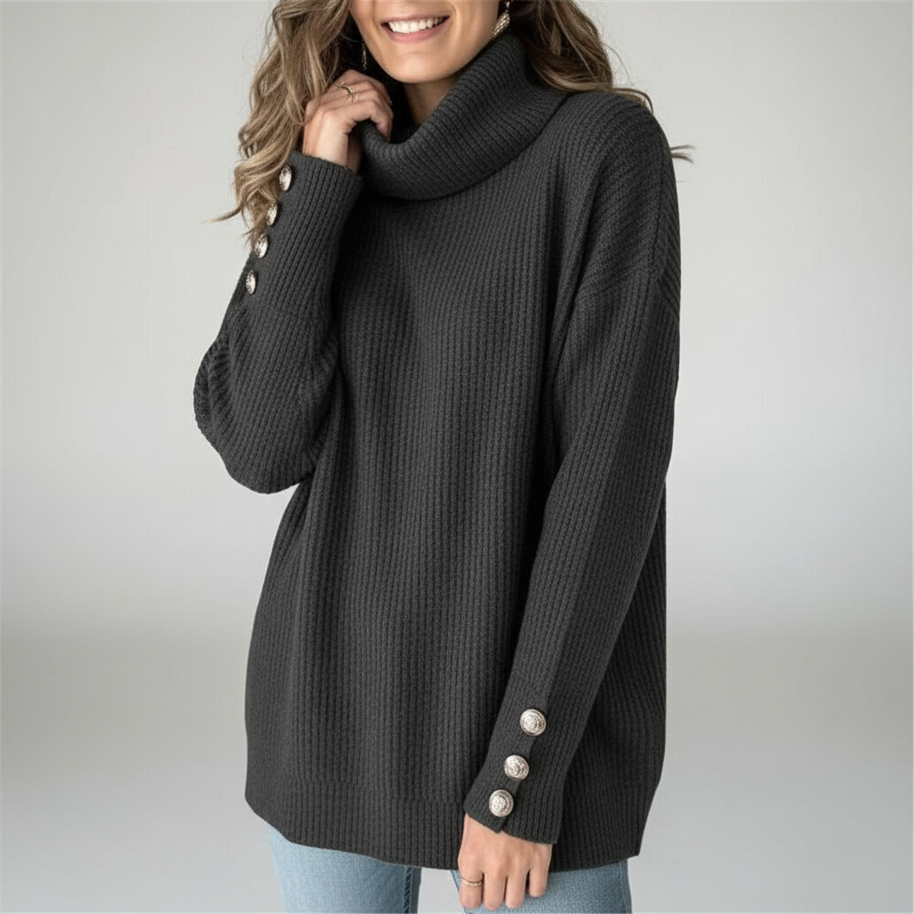 Dame Ribbet Sweater Med Vandfaldskrave Og Klokkeærmer Med Knapper