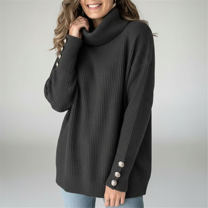Dame Ribbet Sweater Med Vandfaldskrave Og Klokkeærmer Med Knapper