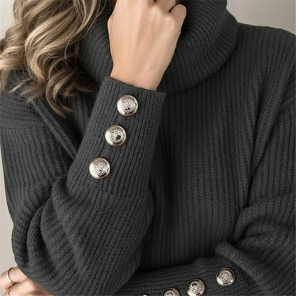 Dame Ribbet Sweater Med Vandfaldskrave Og Klokkeærmer Med Knapper