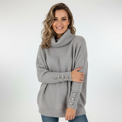 Dame Ribbet Sweater Med Vandfaldskrave Og Klokkeærmer Med Knapper