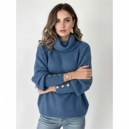 Dame Ribbet Sweater Med Vandfaldskrave Og Klokkeærmer Med Knapper