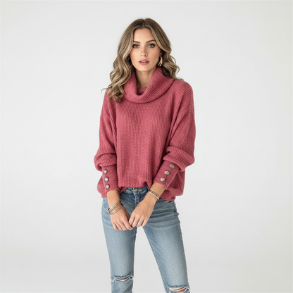Dame Ribbet Sweater Med Vandfaldskrave Og Klokkeærmer Med Knapper