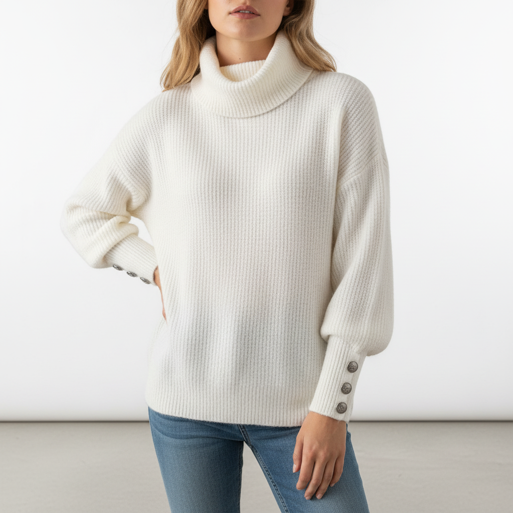 Dame Ribbet Sweater Med Vandfaldskrave Og Klokkeærmer Med Knapper