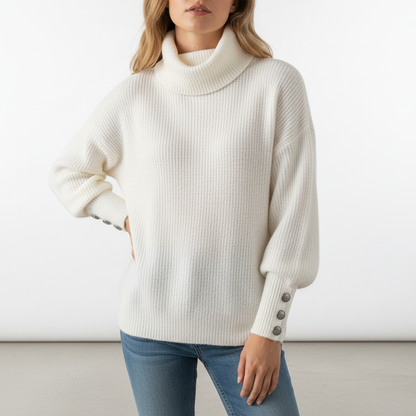 Dame Ribbet Sweater Med Vandfaldskrave Og Klokkeærmer Med Knapper