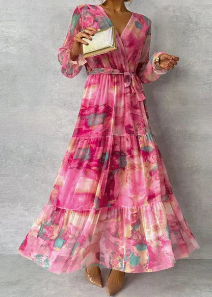 Rochie maxi de damă, cu imprimeu, croială petrecută, design în straturi și cordon – rochie elegantă pentru vacanță, petreceri, nunți și ocazii speciale