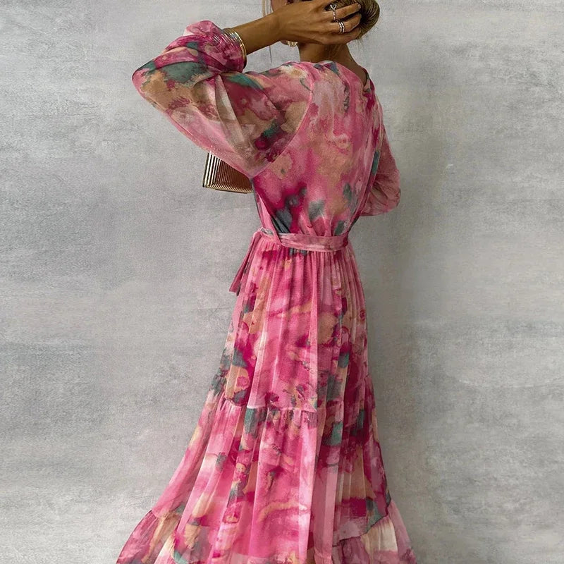 Rochie maxi de damă, cu imprimeu, croială petrecută, design în straturi și cordon – rochie elegantă pentru vacanță, petreceri, nunți și ocazii speciale