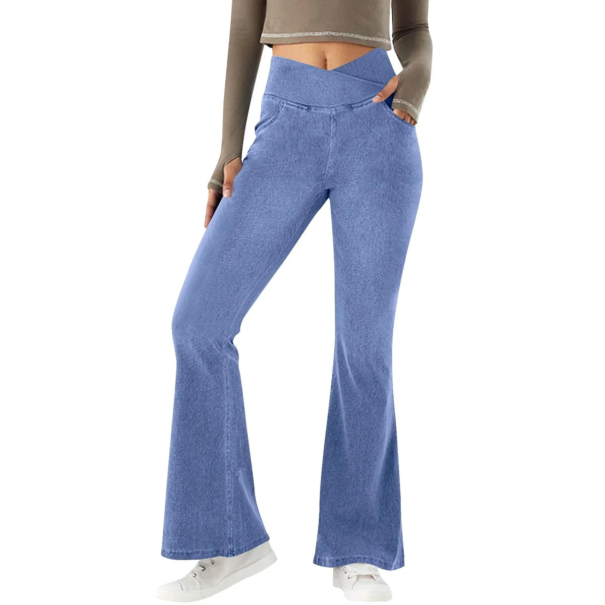 Women's High-Waisted Stretch Flare Jeans with Wide Legs – Figure-Hugging Full-Length Denim with Practical Pockets for Travel and Everyday Wear